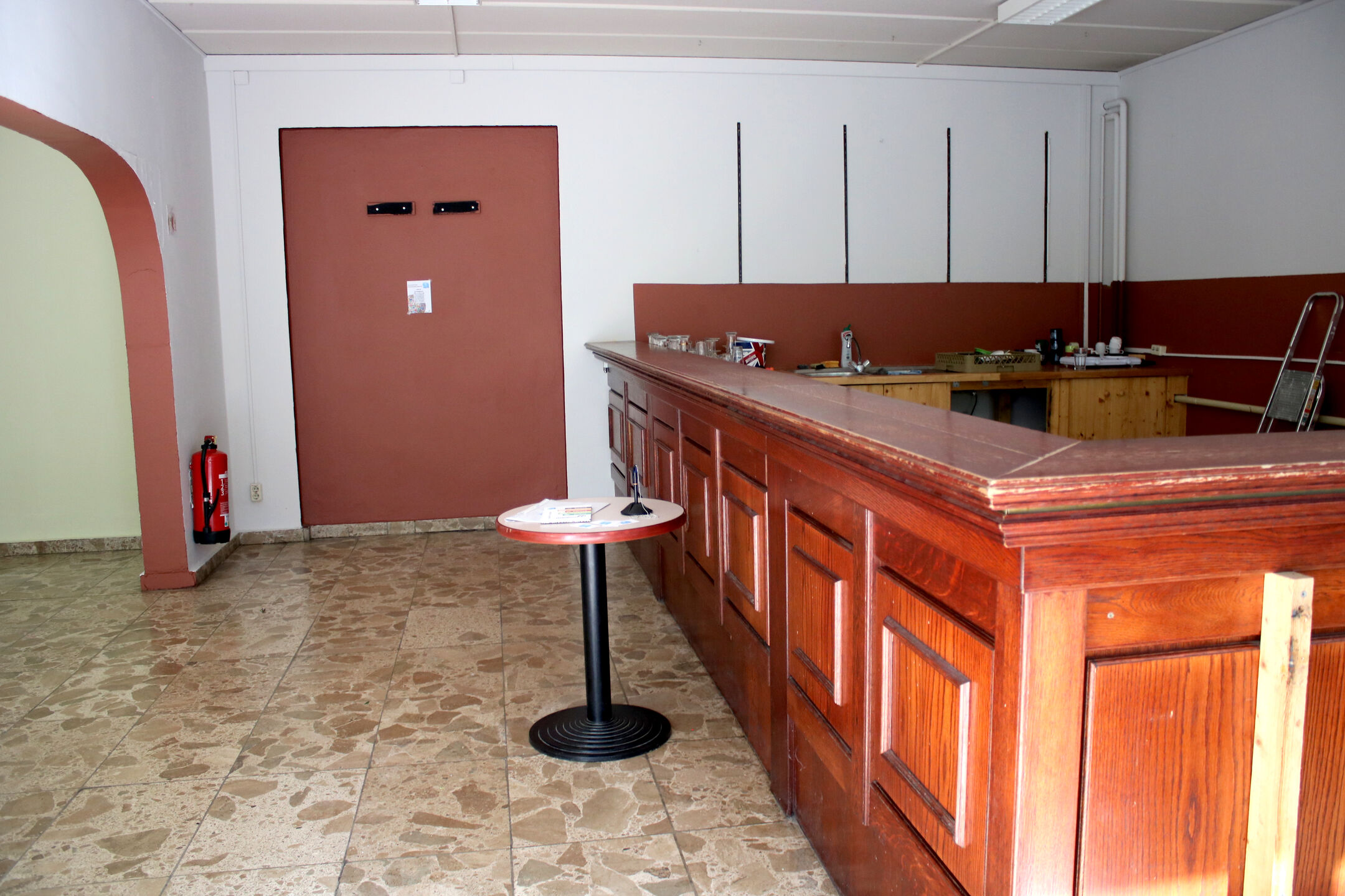 a wooden bar counter