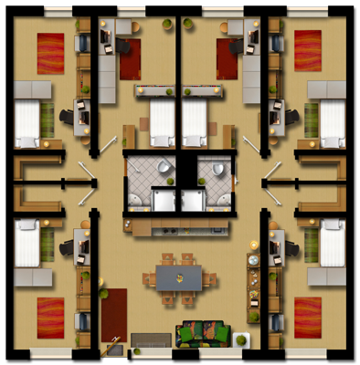 Grundriss der 6er WG, große Küche, zwei kleine Badezimmer, 6 Schlafzimmer