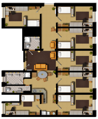 Grundriss der 7er WG, 7 Schlafzimmer, große Küche/Aufenthaltsraum, zwei Badezimmer