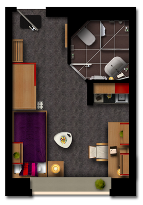 Grundriss Einzelapartment, ein Zimmer mit kleiner Küchennische und kleinem Bad