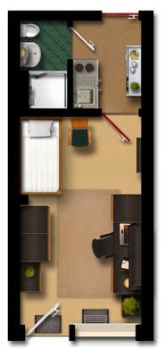 Grundriss Einzelzimmer (13,84 qm), Bad und Küche für 2 Zimmer