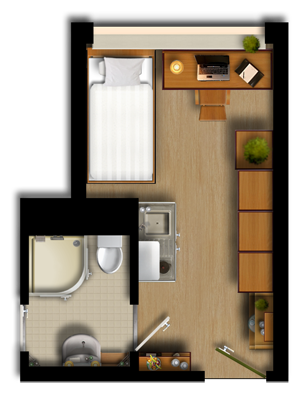 Grundriss, kleines Einzelzimmer mit kleiner Küchenecke und Badezimmer