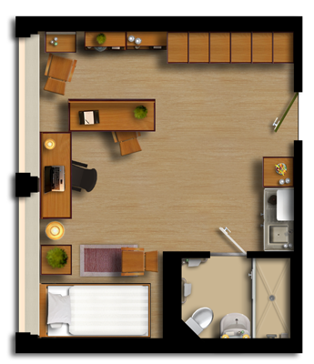 Grundriss, geräumiges Einzelzimmer mit kleiner Küchenecke und Badezimmer