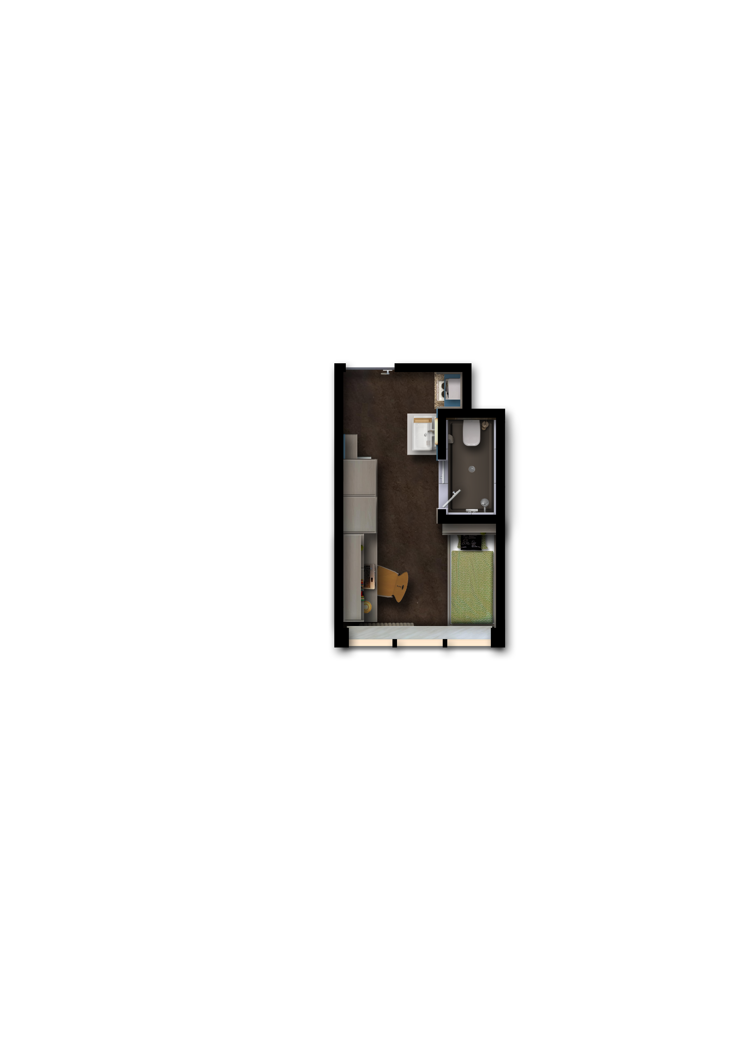 Grundriss, kleines Einzelzimmer mit kleiner Küche und Bad