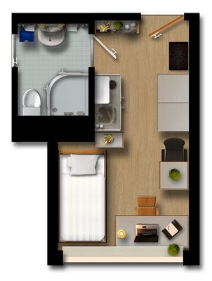 Grundriss, kleines Einzelzimmer mit Küchennische und Badezimmer welches man sich mit dem Nachbar teilt