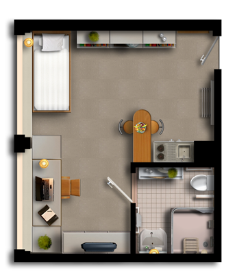 Geräumiges Einzelzimmer mit kleiner Küchennische und Badezimmer