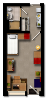 Grundriss, Einzelzimmer mit kleiner Küchennische und kleinem Bad