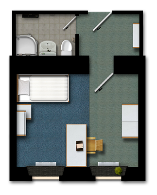 Grundriss eines Einzelapartments mit Bad, Schlaf- und Lernbereich