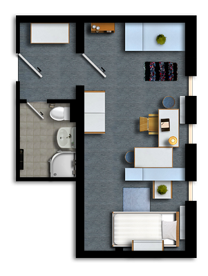 Grundriss eines Einzelapartments mit Bad, Schlaf- und Lernbereich