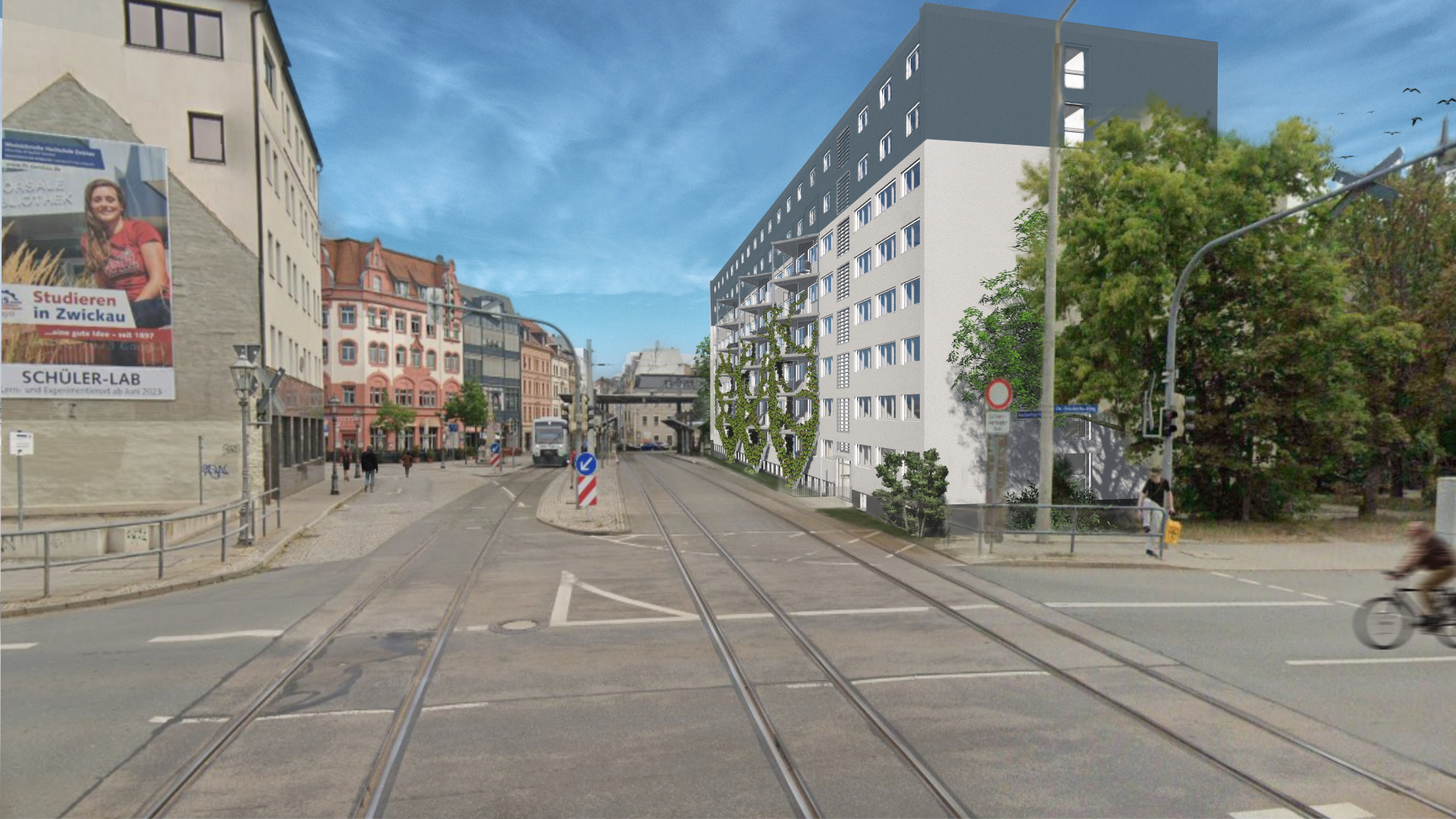 Zeichenansicht der Wohnheimfassade, Bahnschienen vor dem Gebäude