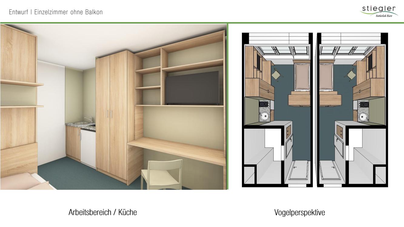 Zeichenansicht der Zimmer, kleines Einzelzimmer mit kleiner Küchennische und Badezimmer