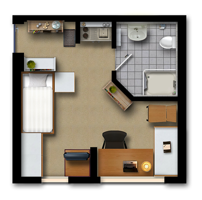 Grundriss, Einzelzimmer mit kleiner Küchennische und Badezimmer