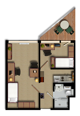 Grundriss, zweier WG mit kleiner Küche, Badezimmer und Balkon